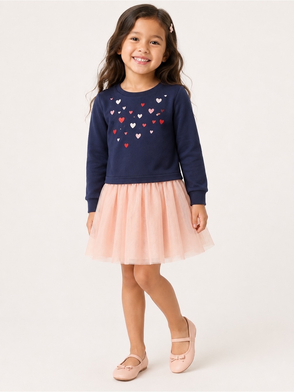 Old Navy Girls 5T Heart Tutu Dress Navy Pink Tulle Long Sleeve